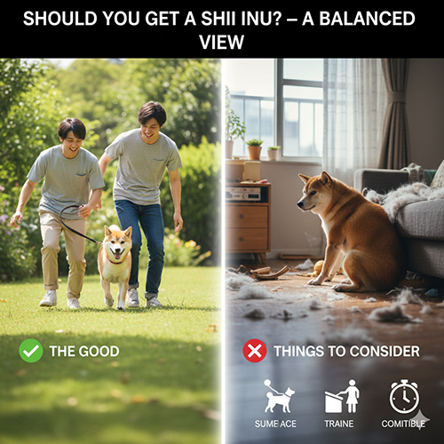 Ảnh so sánh ưu điểm và điểm cần cân nhắc khi nuôi chó Shiba Inu với cảnh dắt Shiba đi dạo và Shiba nghịch phá trong nhà