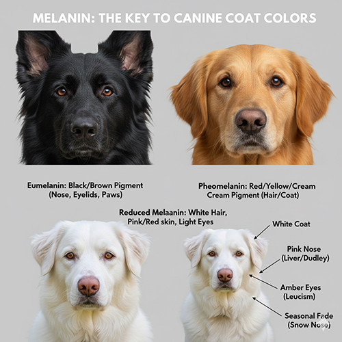 So sánh các màu sắc ở chó dựa trên eumelanin và pheomelanin, kèm ví dụ mũi hồng, mũi đỏ, mắt hổ phách, snow nose theo mùa