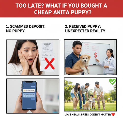 Ảnh minh họa các tình huống sau khi mua chó Akita giá rẻ: mất cọc hoặc nhận chó không đúng quảng cáo