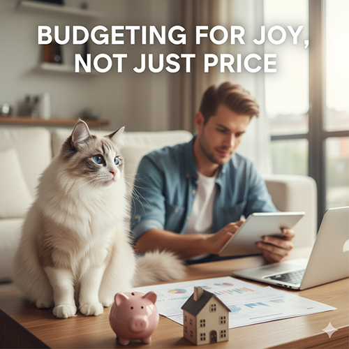 Mèo Ragdoll ngồi trên bàn cạnh người đàn ông đang tính toán ngân sách cho việc nuôi mèo