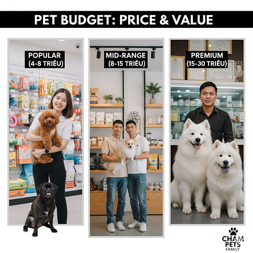 Ba nhóm người nuôi chó đại diện cho ba phân khúc giá – phổ thông, trung cấp và cao cấp với các giống Poodle, Corgi, Samoyed