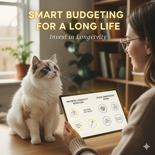 Chủ nhân cầm máy tính bảng xem các mục chi tiêu cho mèo Ragdoll, bé mèo ngồi đối diện chăm chú.