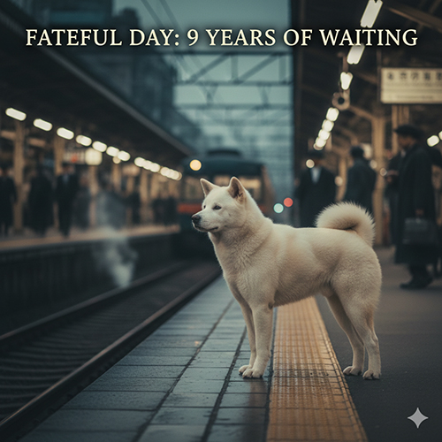Chó Akita Inu đứng một mình trên sân ga Tokyo buổi chiều, gợi cảnh Hachiko chờ chủ