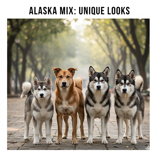 Các chó Alaska lai chó cỏ đứng cạnh nhau, ngoại hình khác nhau rõ rệt về kích thước, màu lông và gương mặt