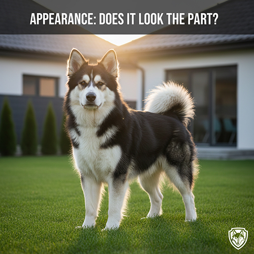 Chó Becgie lai Alaska đứng trên thảm cỏ sân vườn, thân hình to khỏe, tai dựng, dáng cảnh giác