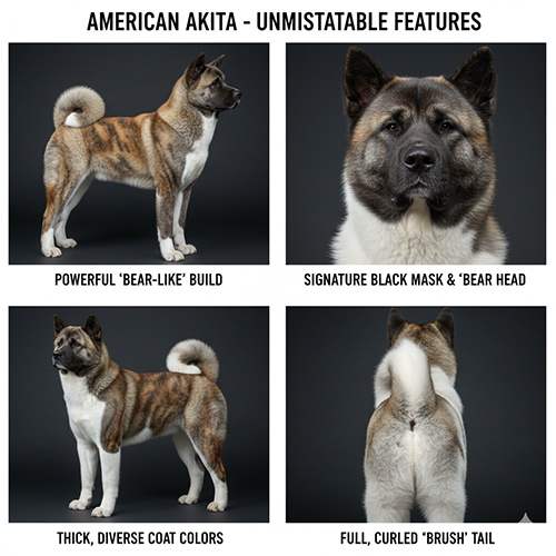 Ngoại hình Akita Mỹ với body to khỏe, đầu gấu, mặt nạ đen, lông dày và đuôi cuộn đặc trưng