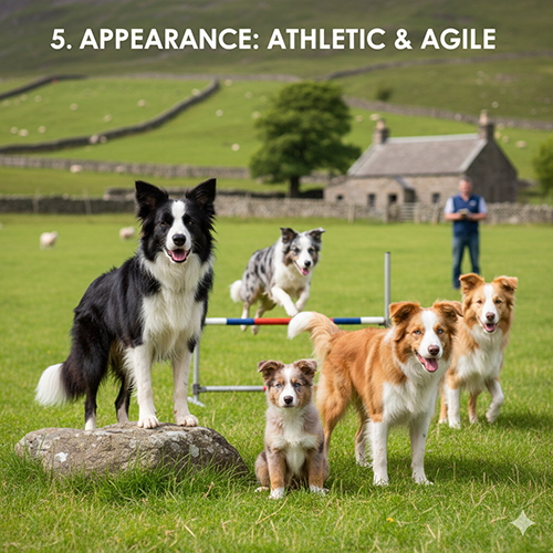 Nhóm Border Collie với nhiều màu lông khác nhau tạo dáng trên đồng cỏ và vượt chướng ngại vật