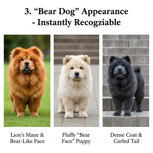 Ba chú Chow Chow với các kiểu ngoại hình khác nhau gồm mặt sư tử, mặt gấu bông và chú Chow Chow lông dày màu xanh đậm đứng trên bậc thang