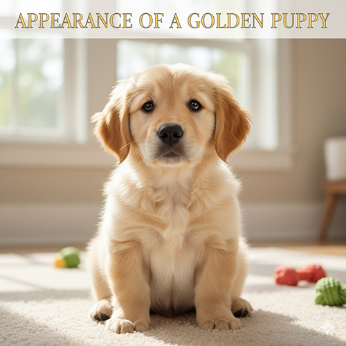ngoại hình chó Golden con với đầu tròn, mắt to và lông tơ vàng nhạt