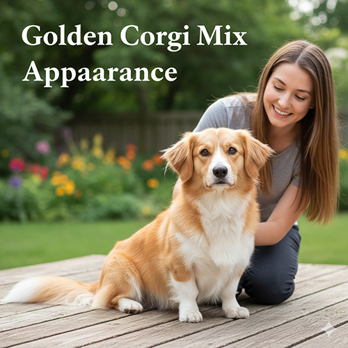 Chó Golden lai Corgi chân ngắn lông vàng ngồi trên nền gỗ bên cạnh cô gái trong vườn, minh họa ngoại hình golden lai corgi