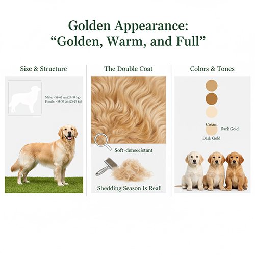 Infographic ngoại hình chó Golden Retriever với kích thước, bộ lông kép và các sắc độ vàng kem đến vàng đậm