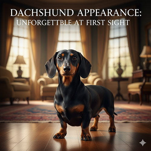 Chó Lạp Xưởng đứng giữa phòng sang trọng với ngoại hình dài, chân ngắn đặc trưng