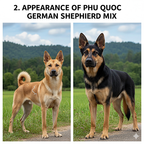 Hai chú chó gồm một Phú Quốc lai Becgie và một Becgie đứng ngoài đồng cỏ, dễ so sánh ngoại hình