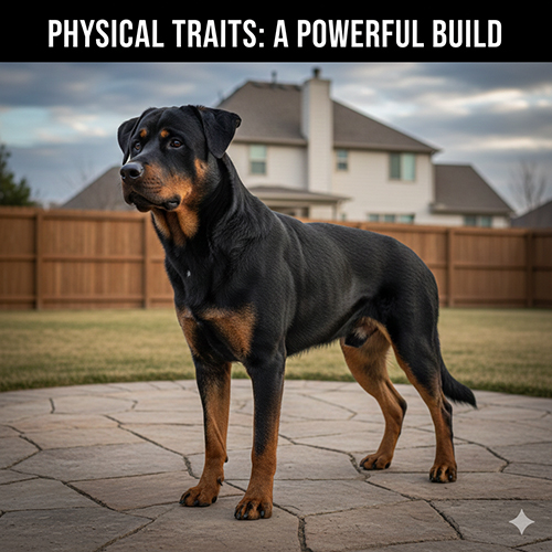 Chó Rottweiler lai Becgie đứng trong sân nhà với thân hình to, dày và cơ bắp rõ rệt.