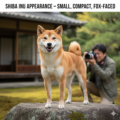 Chó Shiba Inu đứng trên tảng đá khoe vóc dáng nhỏ gọn mặt cáo phía sau là ngôi nhà Nhật và nhiếp ảnh gia đang chụp hình