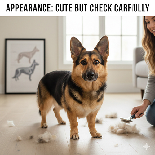 Chó Corgi lai Becgie đứng trong nhà bên cạnh người đang chải lông và nhiều lông rụng trên sàn