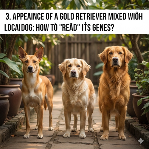 Ba chú chó: một chó ta, một Golden lai chó cỏ và một Golden thuần đứng cạnh nhau để so sánh ngoại hình