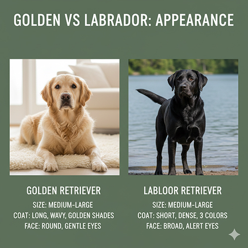 so sanh ngoai hinh golden retriever va labrador retriever ve long khuon mat va dang nguoi
