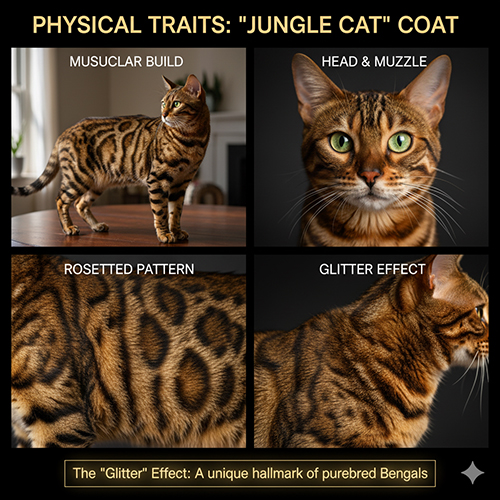 Bộ lông “jungle cat” của mèo Bengal thuần chủng với họa tiết rosetted, cơ bắp săn chắc và hiệu ứng ánh kim glitter đặc trưng