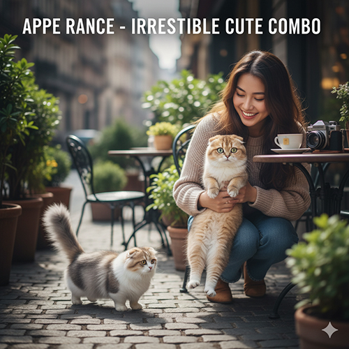 Mèo Munchkin Fold chân ngắn tai cụp ngoài phố; cô gái bế một bé, một bé đứng dưới; lông golden/silver rất nổi bật