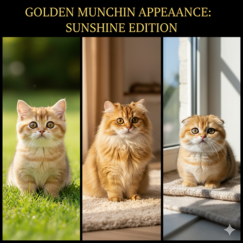 Ba bé mèo Munchkin Golden trong ánh sáng tự nhiên, lông vàng óng, dáng tròn chân ngắn, thể hiện vẻ đẹp “phiên bản nắng ấm”.