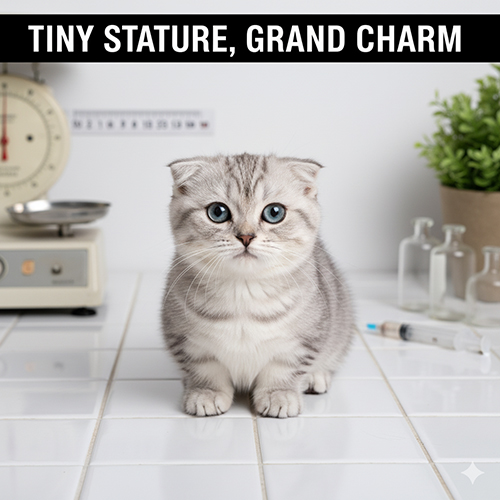 Mèo Munchkin tai cụp màu silver với đôi mắt xanh to tròn ngồi trên bàn trắng trong phòng khám thú y, thể hiện rõ ngoại hình nhỏ nhắn và đôi chân ngắn đặc trưng.