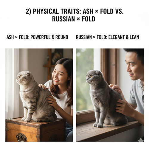 Hai người vuốt ve mèo Scottish Fold lai American Shorthair và Russian Blue, thể hiện sự khác biệt giữa thể hình tròn chắc và dáng thanh tao