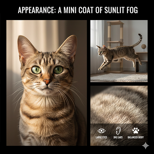 Ngoại hình mèo Singapore (Singapura) với bộ lông sepia agouti nhấp nhánh, mắt to, tai lớn và thân hình nhỏ cân đối