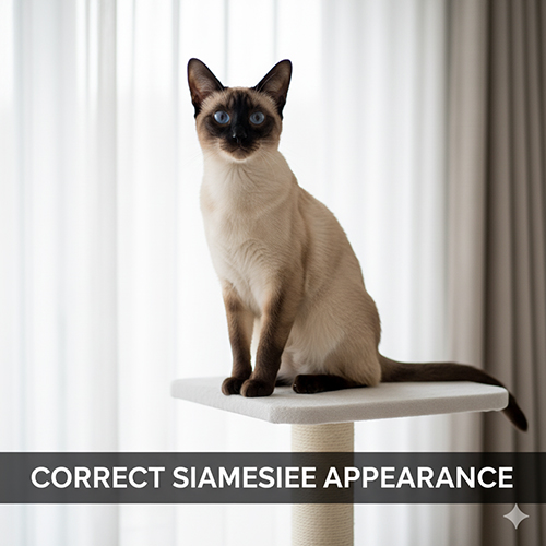 Mèo Xiêm đứng trên trụ cào, dáng thon gọn, lông màu point rõ nét, mắt xanh lam đặc trưng