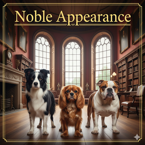 Ba giống chó Anh gồm Border Collie, Cavalier và Bulldog đứng trong thư viện cổ điển với ánh sáng tự nhiên trang nhã