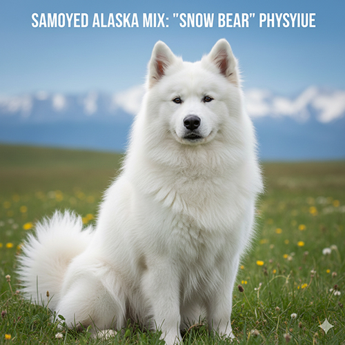 Samoyed lai Alaska lông trắng xù, thân hình cân đối, dáng ngồi vững