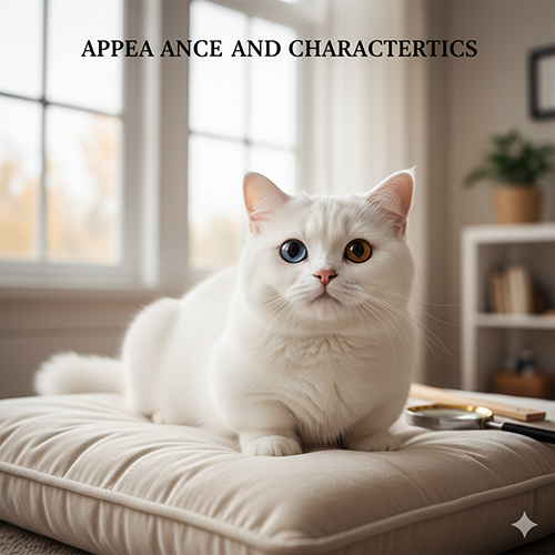 Mèo Munchkin trắng mắt hai màu nằm trên đệm sáng, dáng tròn trịa và bộ lông dày mượt như tuyết, biểu cảm dịu dàng dễ thương.