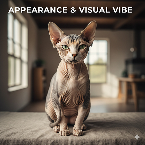 Mèo Sphynx ngồi trên bàn trong phòng sáng, lộ rõ nếp da, đôi tai lớn và ánh mắt hình chanh
