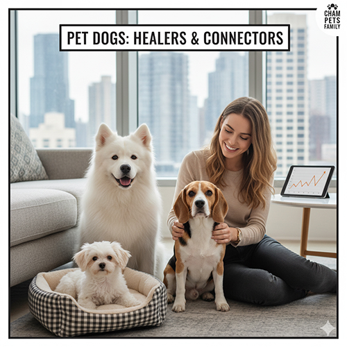 Cô gái trẻ bên ba chú chó Samoyed, Beagle và Maltese trong căn hộ hiện đại, biểu tượng cho sự gắn kết và chữa lành