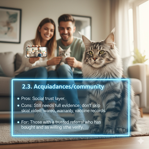 Ảnh minh họa mua mèo Maine Coon qua người quen hoặc cộng đồng với ưu điểm tín nhiệm xã hội nhưng vẫn cần đầy đủ bằng chứng.