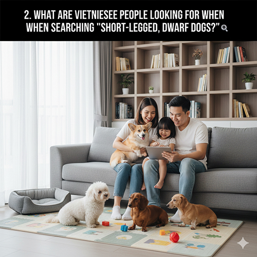 Gia đình xem tablet và chơi cùng các giống chó chân ngắn – minh họa hành vi tìm kiếm “chó chân ngắn, chó lùn” của người Việt
