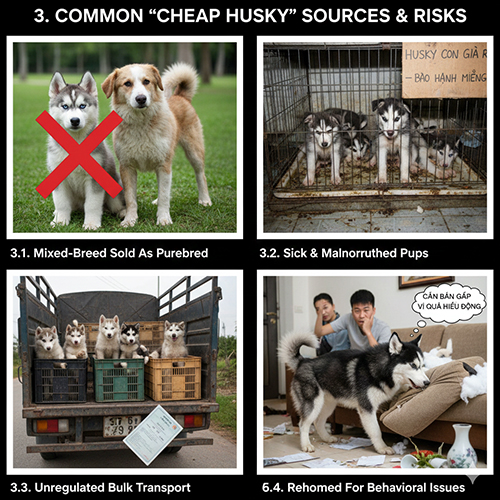 Các nguồn chó Husky giá rẻ phổ biến gồm Husky lai, chó bệnh, vận chuyển số lượng lớn và nhượng lại do hành vi