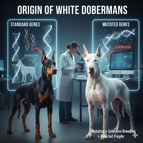 So sánh Doberman màu chuẩn và Doberman trắng trong bối cảnh nghiên cứu gen, minh họa nguồn gốc đột biến màu lông