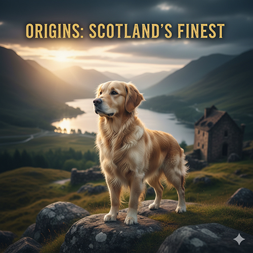 Chó Golden Retriever đứng trên đồi Scotland, phía sau là hồ và núi – ảnh minh họa nguồn gốc giống Golden