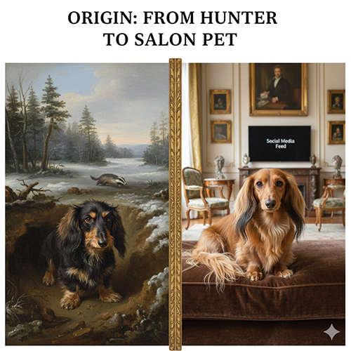 So sánh Dachshund lông dài thời săn mồi và Dachshund lông dài hiện đại trong không gian sang trọng