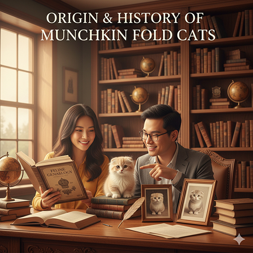 Nguồn gốc và lai lịch mèo chân ngắn tai cụp Munchkin Fold trong thư viện; đôi bạn trẻ tra cứu gia phả, mèo con ngồi giữa, khung ảnh tổ tiên