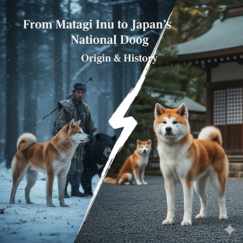 Hình minh họa nguồn gốc chó Akita Inu từ Matagi Inu săn bắn trong rừng tuyết đến hình tượng quốc khuyển Nhật Bản hiện đại