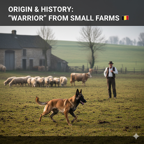 Chó Béc Bỉ Malinois chạy canh đàn cừu trên cánh đồng, phía xa là nông dân và trang trại nhỏ tại Bỉ