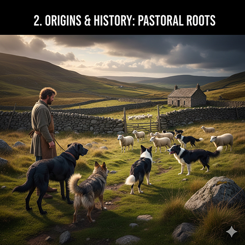 Người chăn cừu và đàn chó Border Collie làm việc trên cánh đồng đồi xanh ở vùng biên giới Anh – Scotland