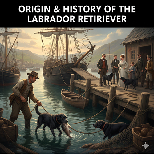 Ảnh minh họa nguồn gốc giống chó Labrador Retriever cùng ngư dân Newfoundland trên bến cảng