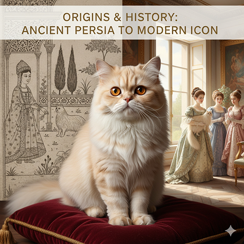 Mèo Ba Tư ngồi trên đệm nhung đỏ trước bối cảnh Ba Tư cổ và trang phục quý tộc châu Âu, minh họa cho phần nguồn gốc giống