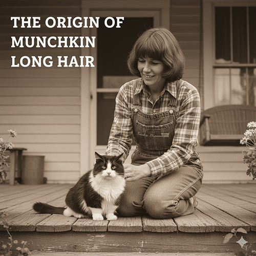 Ảnh vintage “The Origin of Munchkin Long Hair”: một phụ nữ ngồi trên hiên nhà với mèo Munchkin lông dài, gợi nhắc nguồn gốc giống tại Mỹ.