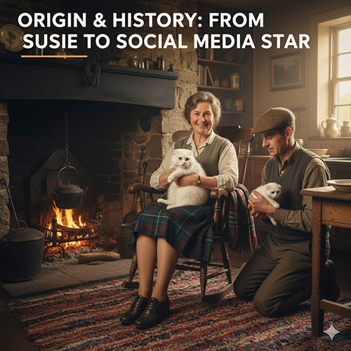 Cặp vợ chồng lớn tuổi người Scotland ngồi bên lò sưởi trong ngôi nhà cổ, ôm hai bé mèo Scottish Fold trắng, khung cảnh ấm cúng