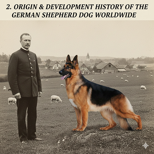 Chó Becgie Đức đứng cạnh người đàn ông Đức trong trang phục lịch sử, phía sau là đồng cỏ và làng chăn cừu châu Âu cổ điển