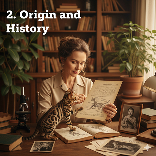 Nhà nghiên cứu đang xem tài liệu về mèo Bengal cùng một chú mèo Bengal ngồi trên bàn.